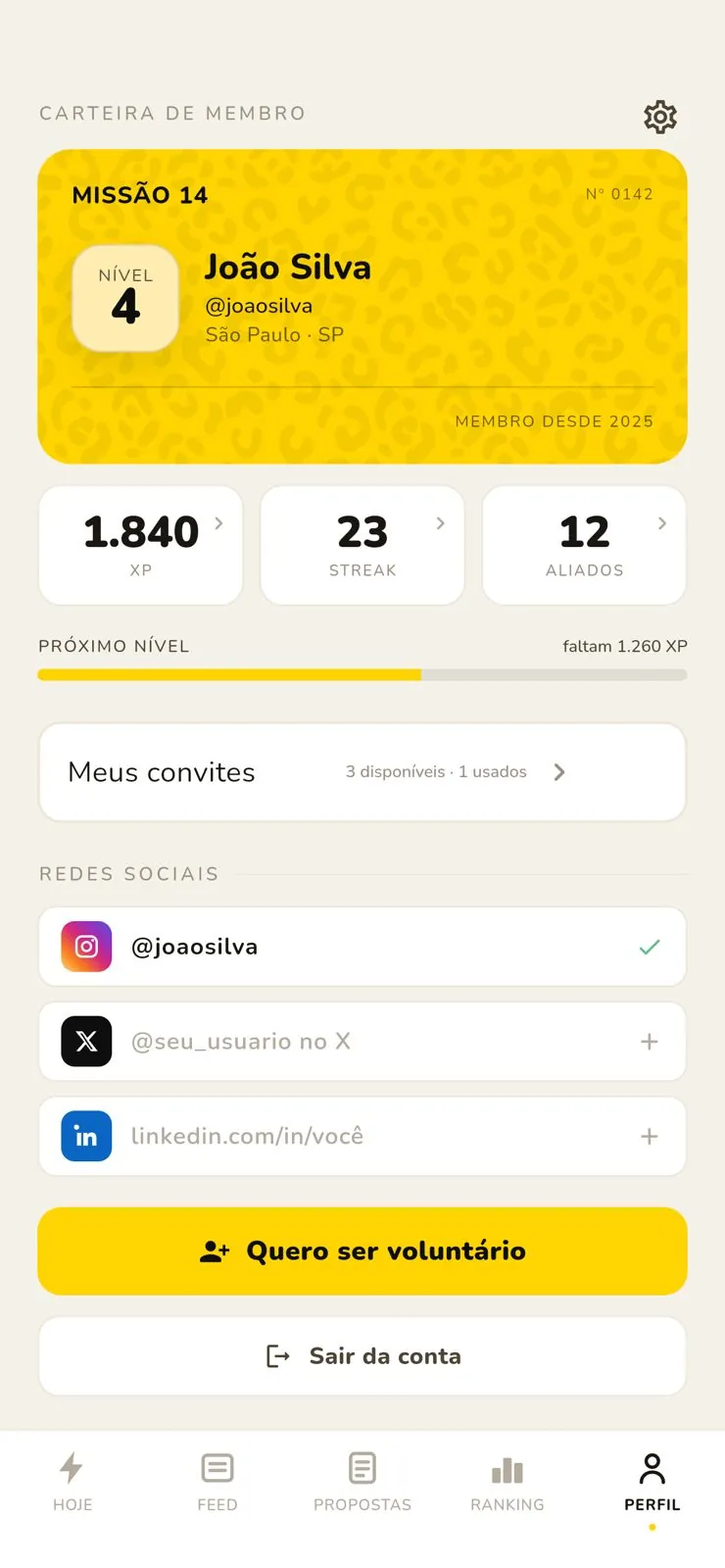 Perfil de militante no app da Missão